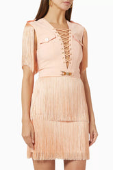 Elisabetta Franchi Fringe Mini Dress in Peach